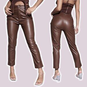 NWT PrettyLittleThing High Rise Faux Leather  Cropped Pants Sz 0 Dark Chocolate
